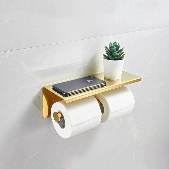 TDR - Dubbele toiletrol houder - RVS - met geïntegreerd goudkleurig plankje / planchet