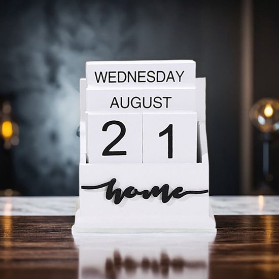 Houten eeuwigdurende kalender Home – handmatige datum, wit