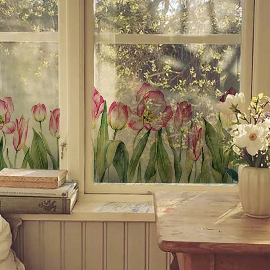 Kleurrijke Tulp Raamfolie Roze – Verduisterende Glasfolie 40x110 cm – Decoratieve Zelfklevende Bloemenfolie