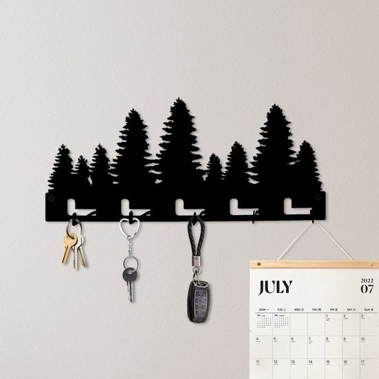 Bos Silhouette Sleutelrek – 5 Metalen Haken – Wandmontage
