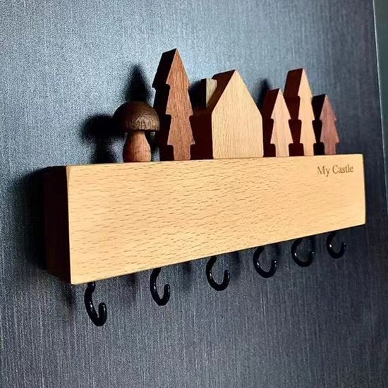 Merkloos Houten Sleutelkastje 6 Haakjes Zwart