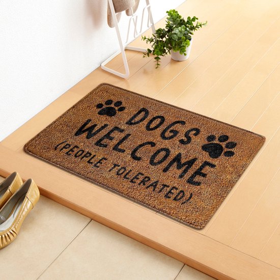 Humoristische en Absorberende Deurmat voor Hondenliefhebbers -"DOGS WELCOME (PEOPLE TOLERATED)"- schoonloopmat 48*81cm