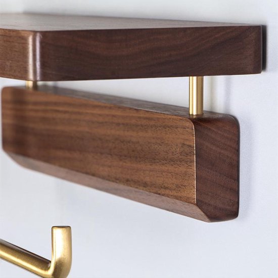 Luxe Zelfklevende Toiletrolhouder met telefoonplankje- Hout & Messing - Geen Boren Nodig-28x10x10cm-donkerbruin