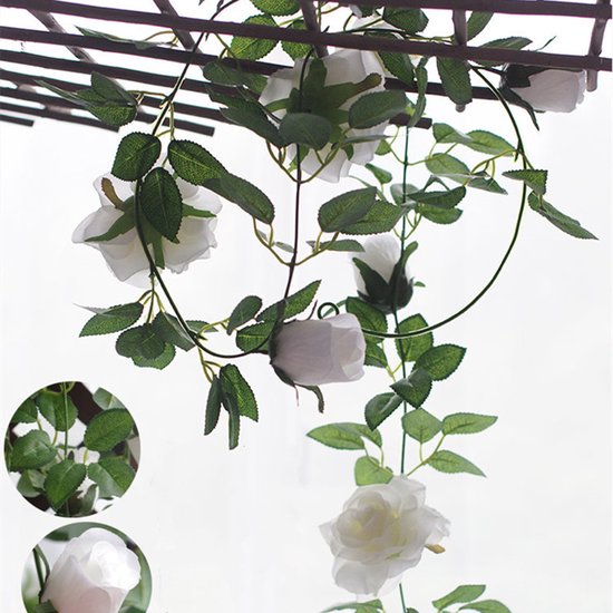 2x klimop slinger met grote rozen kunstbloem 2m wit