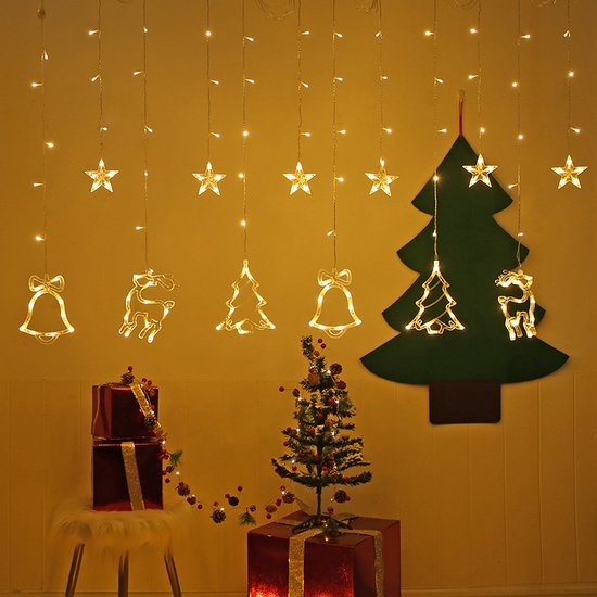 LED Lichtgordijn met Charmante Kerstboom en Belvormige Decoraties- voor een Warme en Feestelijke Leefruimte, 138 Warme LED's