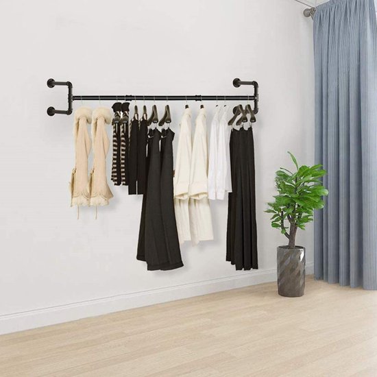 Stevige Muurbevestigde Kledingstang - Duurzame Metalen Kledingrail - Draagvermogen tot 35 kg - Perfect voor Wasruimte en Slaapkamer-80cm-matzwart