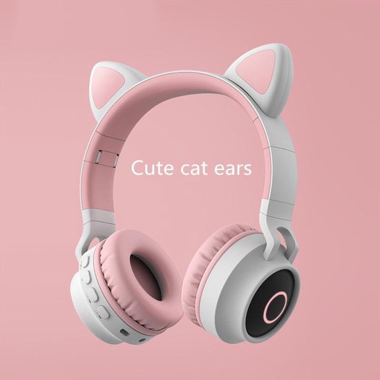 TDR- Draadloze Bluetooth koptelefoon - Over-Ear Koptelefoon voor Kinderen - Met Led Kat Oortjes - Bekend van TikTok -  roze grijs