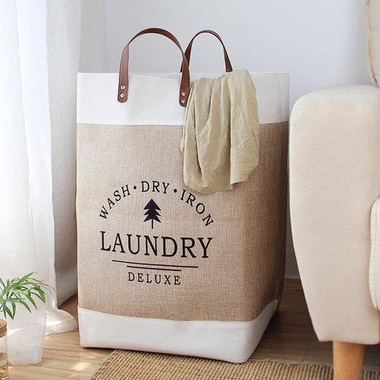 Merkloos Bedrukte Opvouwbare Wasmand - Katoen-Linnen, Beige