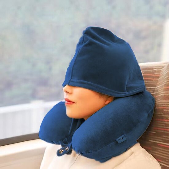 Opblaasbaar nekkussen H-vorm met capuchon - Marineblauw