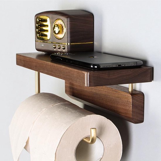 Luxe Zelfklevende Toiletrolhouder met telefoonplankje- Hout & Messing - Geen Boren Nodig-28x10x10cm-donkerbruin