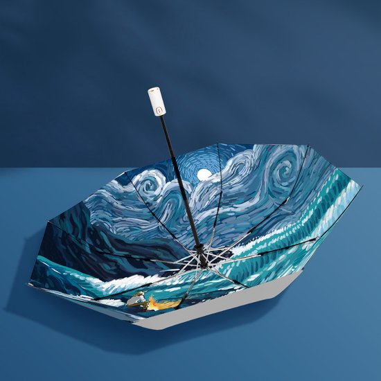 Opvouwbaar paraplu - Zonbescherming Anti-Uv UPF50 + -Windproof- Stevig paraplu - Automatisch -Van Gogh Ster zee print -zilver