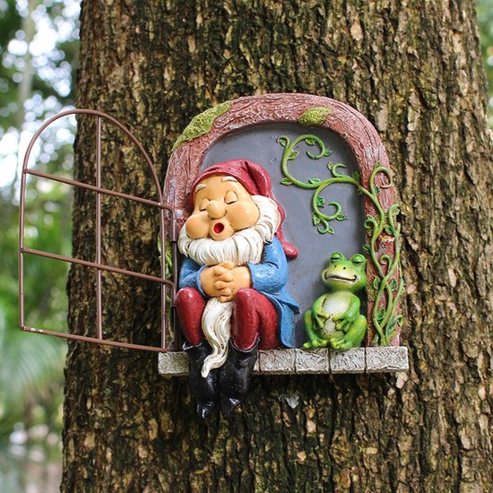 Charmante Slapende tuinkabouter met kikker voor in de tuin - ophangbaar standbeeld van duurzame designerhars - 12.5*4*18cm