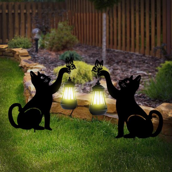 Zonne-energie Buitenlamp met Uitgesneden Kattenlantaarn-IP55- zwart-55 cm hoog