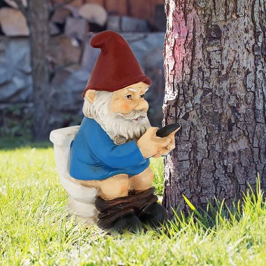 Grappige Kabouter Tuinornament op Toilet met Telefoon