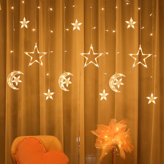 LED Lichtgordijn – Maan & Ster – Ramadan Decoratie – 3,5m – 120 LED – Extra Warm Wit – Binnenverlichting – IP44