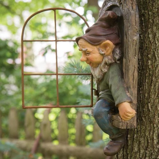 Charmante tuinkabouter met witte baard voor in de tuin - ophangbaar standbeeld van duurzame designerhars - 14,5x15x8cm