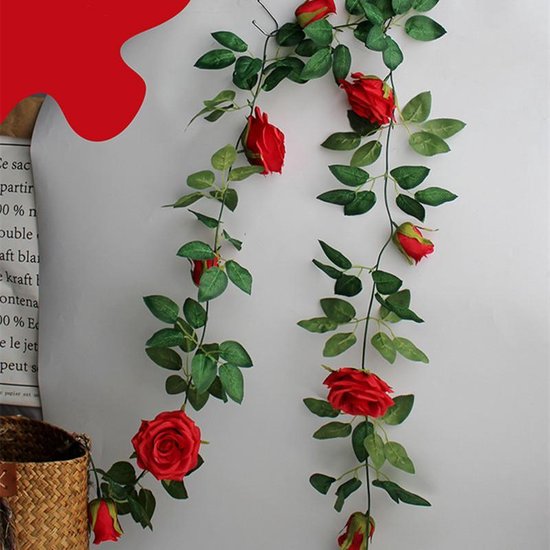 2x Rode rozen slinger 145cm - Kunstbloemen voor Bruiloft