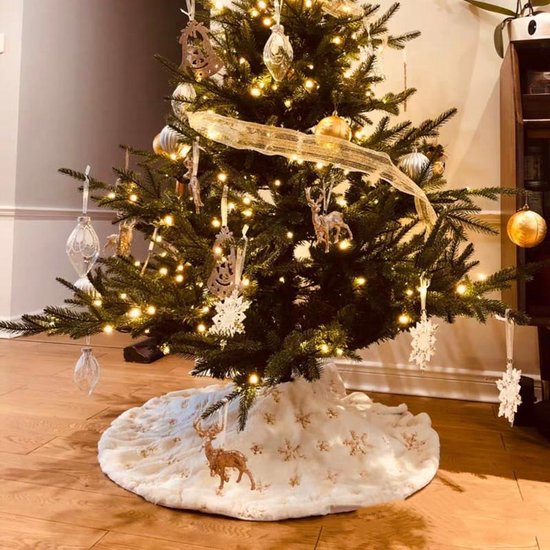 TDR - Duurzame Pailletten Geborduurde Kerstboom Rok - 122cm - Wit sneeuw en goud accenten