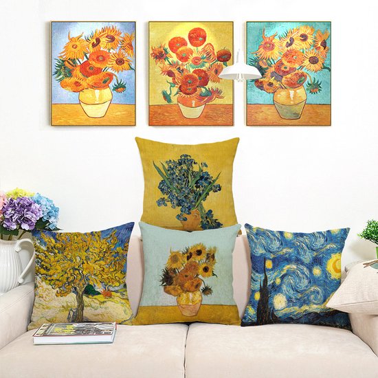 TDR - Sierkussensloop - van katoen en linnen - 45 x 45 cm - Thema: van Gogh , Vaas met Irissen  45*45cm