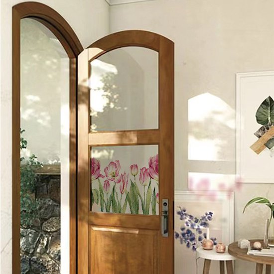 Kleurrijke Tulp Raamfolie Roze – Verduisterende Glasfolie 40x110 cm – Decoratieve Zelfklevende Bloemenfolie