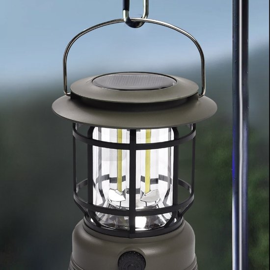 Multifunctionele Compacte Kampeerlamp met Powerbank - Duurzaam, Dimbaar & Waterdicht - USB/Zonne-Energie Opladen - Ideaal voor Outdoor & Tuin-zwart