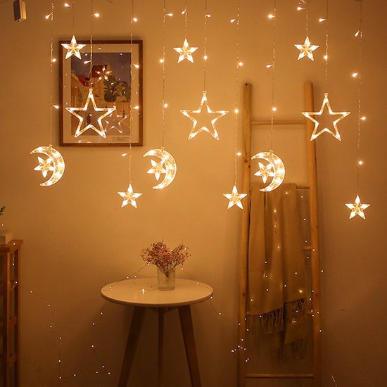 LED Lichtgordijn – Maan & Ster – Ramadan Decoratie – 3,5m – 120 LED – Extra Warm Wit – Binnenverlichting – IP44
