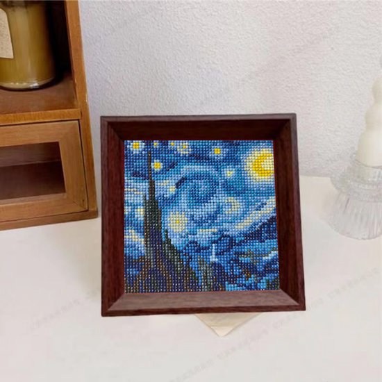 Van Gogh Sterrenhemel Diamond Painting 18x18cm – Inclusief Massief Houten Fotolijst – Volwassenen – Creatief DIY Kunstwerk