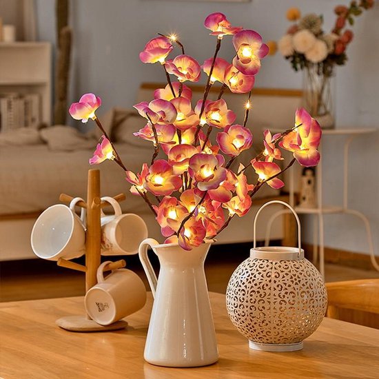 Kunstpaars Phalaenopsis tak met 20 lichtjes – kerstdecoratie