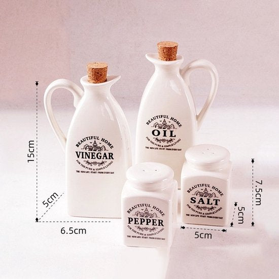 Klassieke Witte Keramische Olie- & Azijnfles Set met Zout- & Peperstrooier – 4-delig – 150ml – Elegant Design