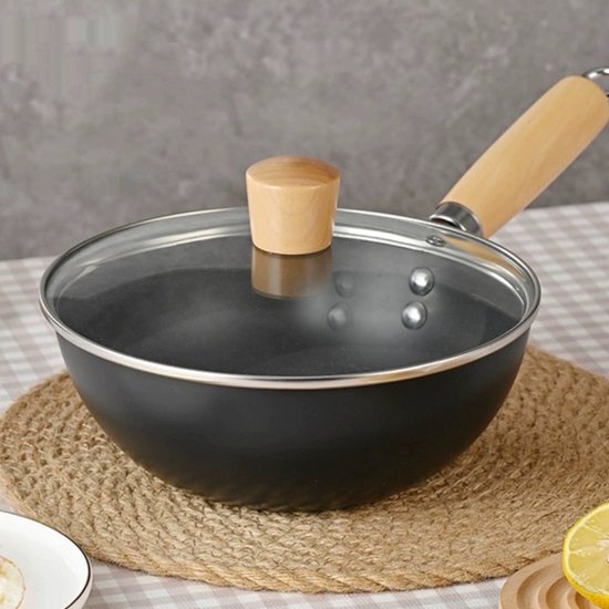 Smeedijzeren wokpan 20 cm met deksel, visgraat non-stick