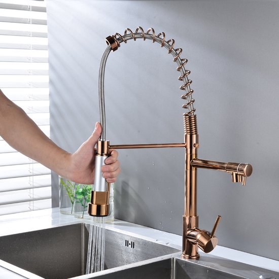 professionele keukenkraan met 2 handvatten-Flexibele sproeikop-roségoud