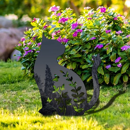 Metalen tuinsteker-Kat met Vlinder Silhouet-Sierlijke tuindecoratie-20x31cm