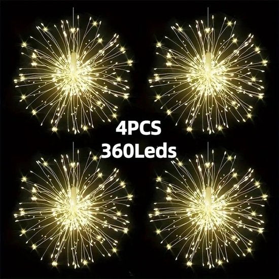 Solar Vuurwerk Lichtsnoer – 4 Stuks – 360 LED – Waterdicht – Warm Wit – Afstandsbediening – Binnen & Buiten