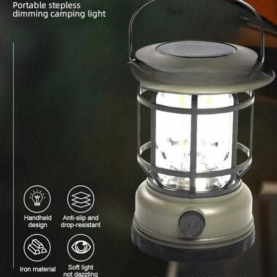 Multifunctionele Compacte Kampeerlamp met Powerbank - Duurzaam, Dimbaar & Waterdicht - USB/Zonne-Energie Opladen - Ideaal voor Outdoor & Tuin