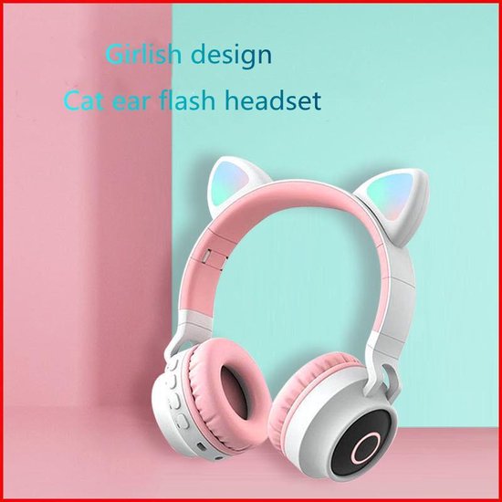 TDR- Draadloze Bluetooth koptelefoon - Over-Ear Koptelefoon voor Kinderen - Met Led Kat Oortjes - Bekend van TikTok -  roze grijs