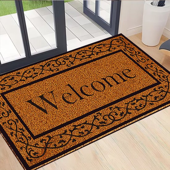 Kunststof Deurmat Welcome 60x80 cm – Kokoslook – Antislip PVC – Bruin – Rechthoekig – Voor binnen en buiten