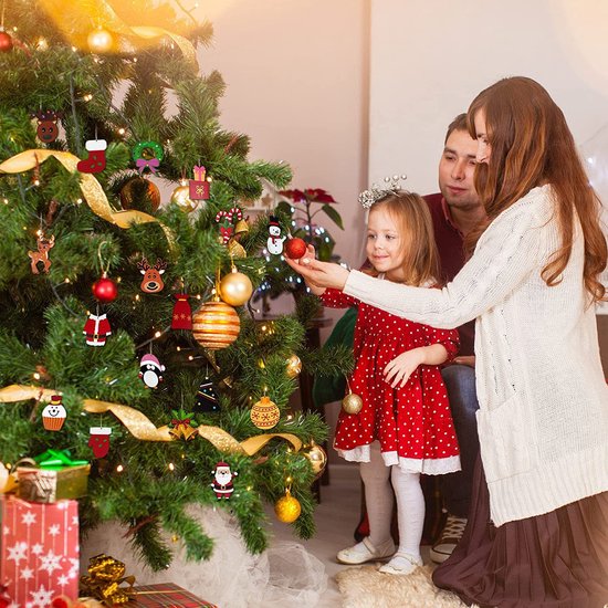 2 set van 12-delige Houten Kersthangers – Snoeptrein & Snoephuisjes in Kleurrijk Design-Unieke Hangdecoratie voor Kerstboom en Cadeaus