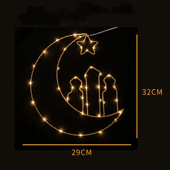 LED Maan & Moskee Wandlamp – 40 warm-witte LEDs – Gouden metaal – 32 × 29 cm – Batterij (3× AA) – Ramadan / Eid sfeerverlichting
