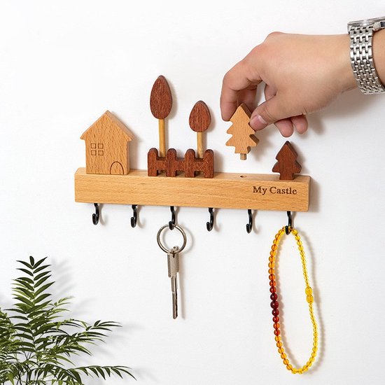 Houten Sleutelhanger – Uniek Design met 6 Metalen Haken – Compact en Decoratief-22.5x2x14.5cm