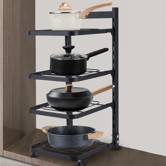 4 Lagen Verstelbaar Pannenrek van Premium Koolstofstaal - Ruimtebesparend, Multifunctioneel & Stevig - Perfect voor Potten, Pannen & Keukengerei-zwart