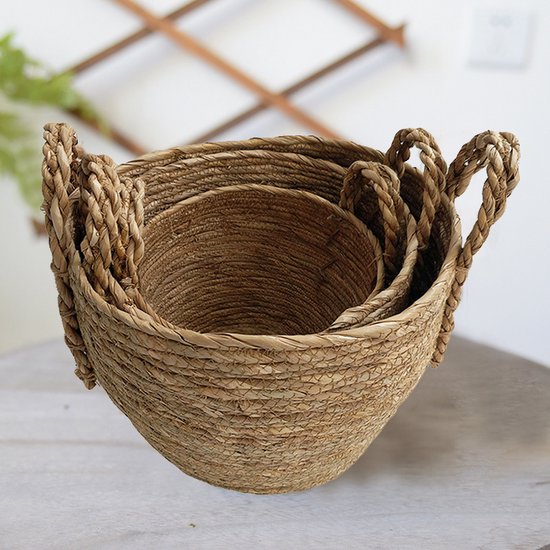 3-delige Natuurlijke Grasvezel Plantmanden Set - Stijlvolle Plantenhouders met Handgreep-Verrijk je Ruimte met Natuurlijke Elegantie - Duurzaam, Veelzijdig en Milieuvriendelijk Design-bruin