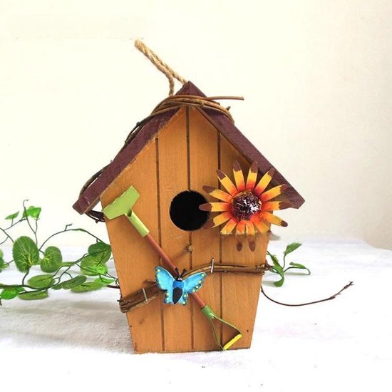 Decoratief Houten Vogelhuisje met Bloem en Vlinder – Tuindecoratie – Uniek Cadeau voor Vogelvrienden