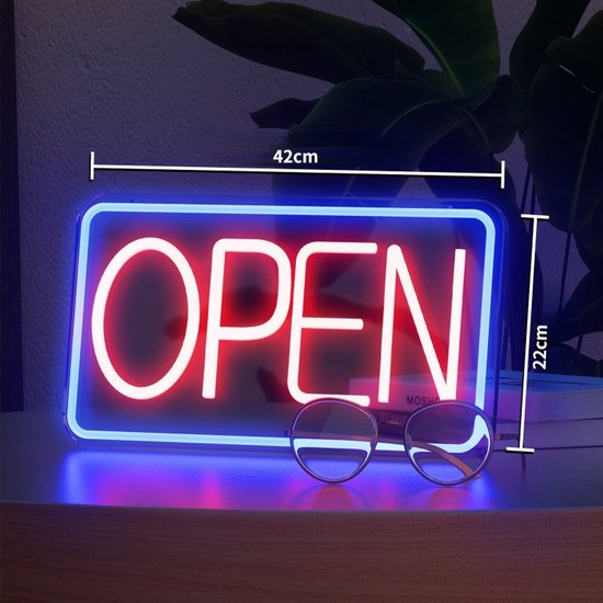 LED Neon Open Bord – Lichtreclame – 42x22cm – Rood/Blauw – Voor Binnen & Buiten – Inclusief Ophangketting