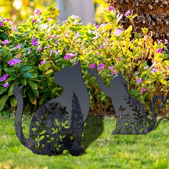 Metalen tuinsteker-zwarte kat met bloem silhouet en vlinder op zijn staart- 20.3x29.8cm