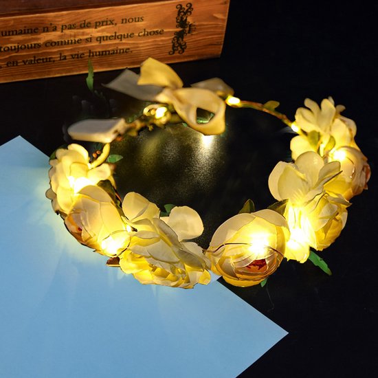 Elegante LED Bloemenkrans Hoofdband met 20 Warmwitte LED-Lampen-IP43- Perfect voor Feesten & Bruiloften-melkwit