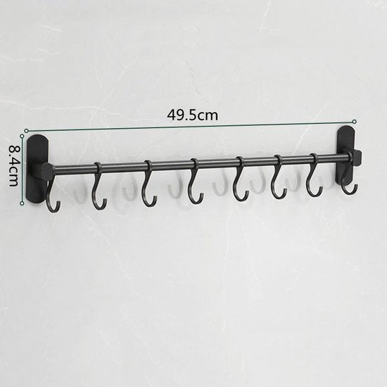 Keukengerei wandbeugel 8 haken, aluminium 49,5 cm zwart