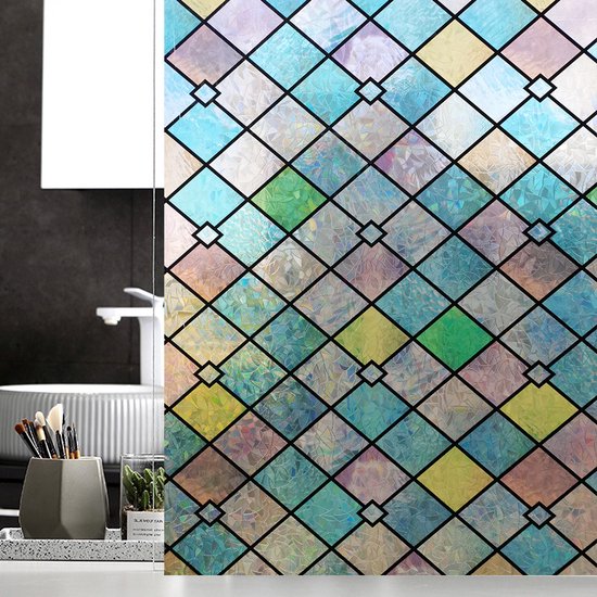 Milieuvriendelijke PVC Glasfolie - Kleurrijk Ruitjespatroon -Zelfklevend- Privacy en UV Bescherming - 90x200 cm