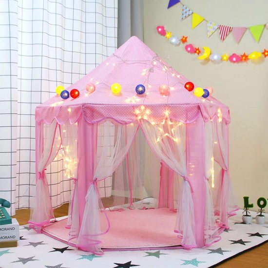 Kinder Speeltent met Sterretjes Verlichting- Kasteel Design -Princess Castle Game Tent- Binnen en Buiten - Roze - 140x70x135CM