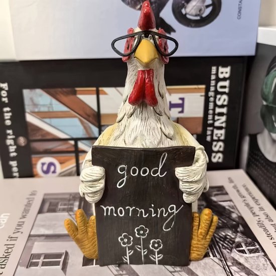 Decoratief Beeld-tuindecoratie kip-Creëer een levendige sfeer in je tuin - Duurzaam, Levendig en Veelzijdig, Haan met Bril "Good Morning" – 16,5 cm