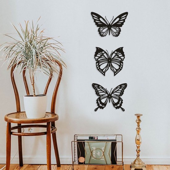 Metalen vlinder wanddecoratie 3-pack zwart 3D binnen/buiten